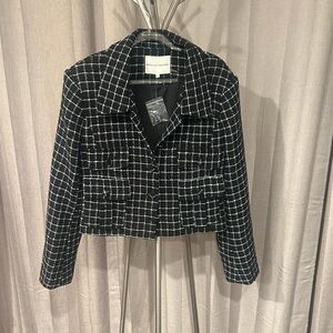 English Factory Black & White Windowpane Cropped Tweed Blazer